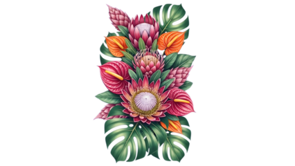 Vibrant tropical flowers and lush green leaves arranged in a vertical composition on black