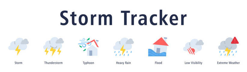 Storm Tracker web banner icon vector illustration with icons of Storm, Thunderstorm, Typhoon, Heavy Rain, Flood, Low Visibility, and Extreme Weather.
