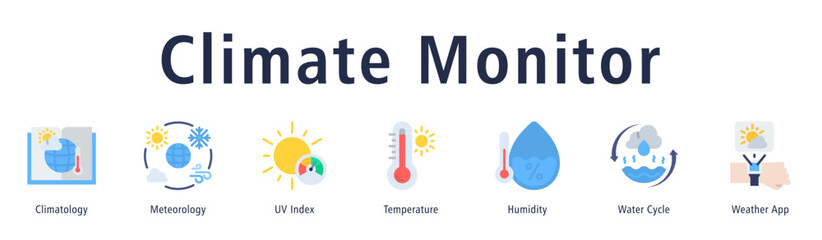 Climate Monitor web banner icon vector illustration with icons of Climatology, Meteorology, UV Index, Temperature, Humidity, Water Cycle, and Weather App.