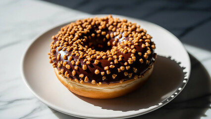 Delicious chocolate glazed donut covered in crunchy nuts served on a white plate with dramatic sunlight and shadows.