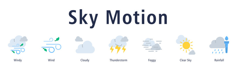 Sky Motion web banner icon vector illustration with icons of Windy, Wind, Cloudy, Thunderstorm, Foggy, Clear Sky, and Rainfall.