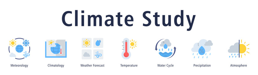 Climate Study web banner icon vector illustration with icons of Meteorology, Climatology, Weather Forecast, Temperature, Water Cycle, Precipitation, and Atmosphere.
