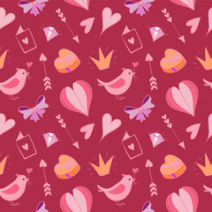 Seamless pattern with adorable Valentine doodles: hearts, gifts, arrows, and romantic icons. Playful hand-drawn style for wrapping paper, textiles, wallpapers, and holiday backgrounds.