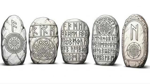 Set of intricately carved rune stones with ancient symbols, isolated on a pristine white background