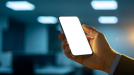 Close up of a person s hand holding a modern smartphone with a blank white screen in a dimly lit office environment.
