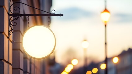 Illuminated blank oval sign hanging outside a building with bokeh lights in the background at dusk.