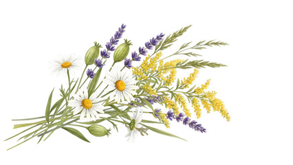 Watercolor wildflowers and herbs arrangement on a dark black background