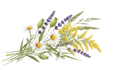 Watercolor wildflowers and herbs arrangement on a dark black background
