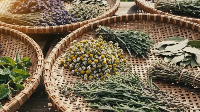 Top-Down View of Herbs Drying on Woven Trays with Soft Diffused Sunlight and Natural HDR Patterns