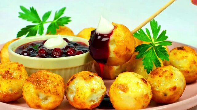 Fried potato balls appetizer dipping sauce sweet berry compote savory snack golden brown delicious food presentation garnish parsley close up serving suggestion party finger food recipe ingredient