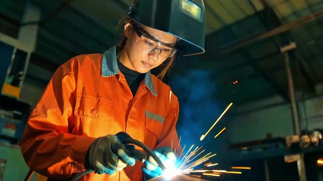 Female welder performing arc welding in a workshop wearing protective gear including a helmet and safety glasses creating bright sparks and blue smoke representing skilled labor industrial work and me