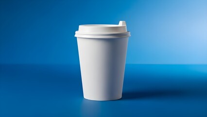 A plain white reusable travel coffee mug with a lid stands against a gradient blue background.