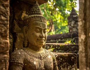 Ancient sandstone statue of a smiling deity, framed by weathered stone architecture