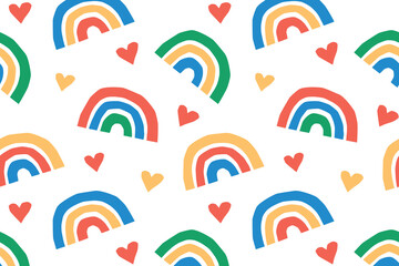 Flat cartoon vector illustration of colorful kids rainbow pattern with cute hearts, bright naive style, playful cheerful mood, seamless decorative design for children prints and creative projects