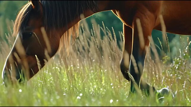 A beautiful brown horse grazes peacefully in a sun-drenched meadow, enjoying the lush green grass and warm sunlight.