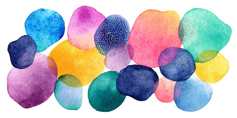 Vibrant abstract watercolor shapes in an array of colorful organic forms on white background