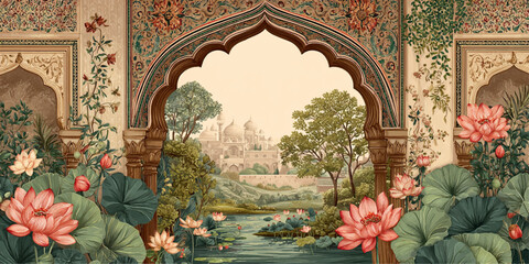 Ornate indian archway revealing a lush garden oasis with blooming flowers and water