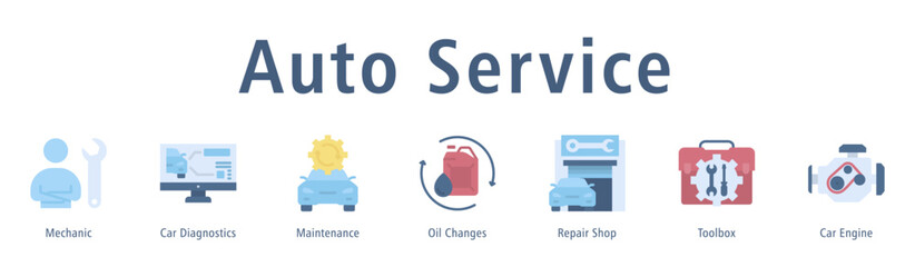 Auto Service web banner icon vector illustration with icons of Mechanic, Car Diagnostics, Maintenance, Oil Changes, Repair Shop, Toolbox and Car Engine.