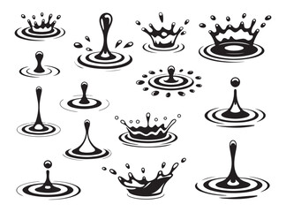 Set of water crown splash and ripple collection with falling drops, abstract liquid wave circles