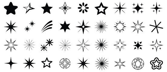 Black Star Shapes Vector Collection Featuring Classic, Shooting, and Glowing Star Icons With Unique Designs for Logos, Badges, Emblems, Celestial Patterns, and Night Sky Illustration Themes