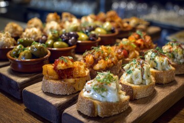 Delicious selection of pintxos at an authentic Basque bar in Spain, showcasing traditional flavors and vibrant presentations in a lively atmosphere