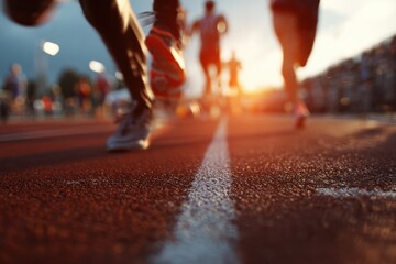 Fototapeta premium Energy fills the air as runners race on an outdoor track at sunset, showcasing the spirit of athleticism and competition