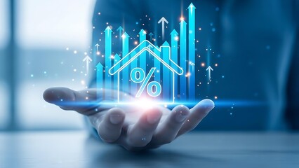 Hand holding glowing digital house icon with upward trending financial graph and percentage symbol symbolizing real estate investment growth.