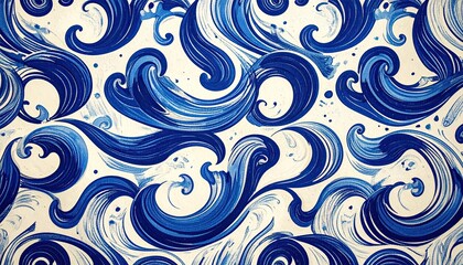 Fototapeta premium Artistic depiction of flowing blue waves on a cream backdrop, creating an ocean-like pattern