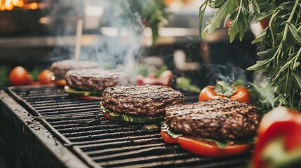 Restaurant grill eco friendly setting grilling plant based burgers veggies with sustainable materials greenery and eco conscious decor promoting a healthy environmentally friendly dining experience