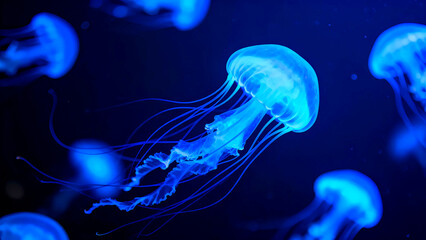 Bioluminescent jellyfish swimming in deep dark ocean water glowing electric blue light marine life underwater ecosystem aquatic animal tentacles ethereal beauty deep sea background abstract