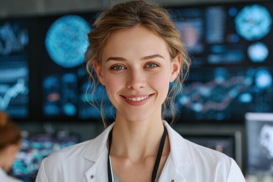 Caucasian female data scientist smiling in front of data processing diagrams in a modern laboratory environment - Powered by Adobe