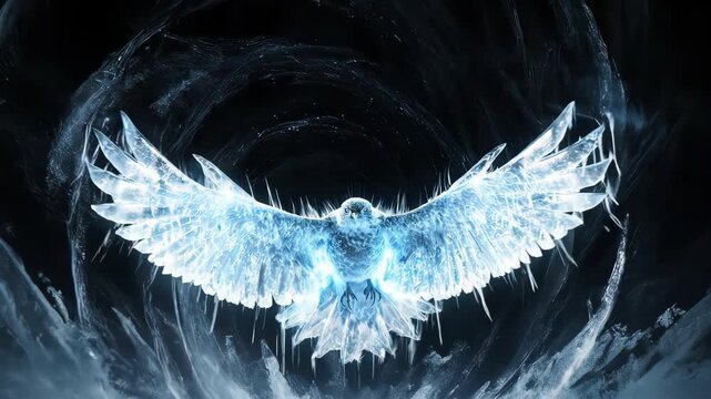 Glowing ethereal bird in flight against a dark, textured background
