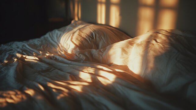 Morning light on unmade bed cozy bedroom still life photo warm environment intimate viewpoint
