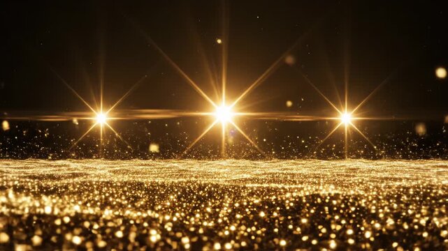 Golden glittering stars and bokeh effect with shining lights on black background