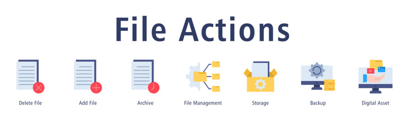 File Actions web banner icon vector illustration with icons of Delete File, Add File, Archive, File Management, Storage, Backup and Digital Asset.