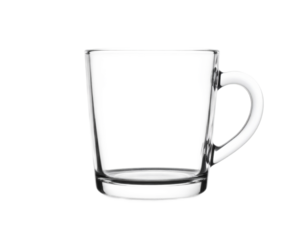 Empty transparent glass cup with a sleek and simple design, photographed against a pristine white background, showcasing its clarity and potential for various beverages or as a design element