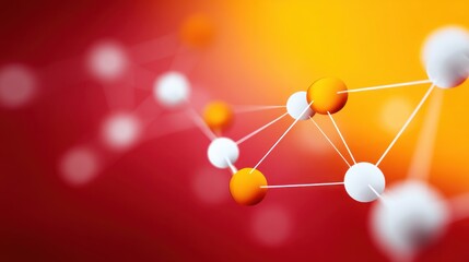 Abstract representation of molecular structures with orange and white spheres connected by lines set on a vibrant red and orange gradient background.