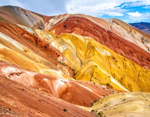 Aerial view showcases a vibrant mountain range of diverse hues under a partly cloudy sky