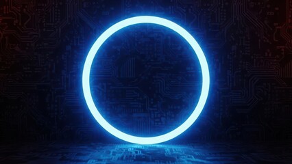 Glowing blue neon circle light on dark background with reflection