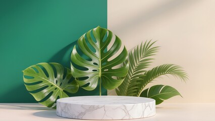 3D modeled marble display stand, tropical leaf patterns, soft green-beige background blend, product mockup template, strategic empty space for branding,
