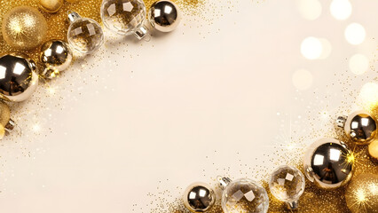 Elegant golden Christmas ornaments forming a luxurious festive frame with sparkling highlights, ideal for holiday invitations, posters, and seasonal celebrations