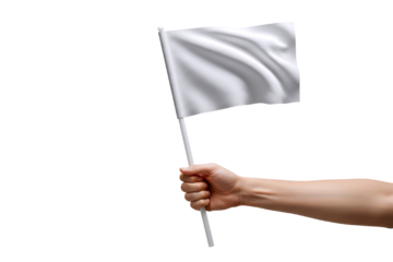 Hand holding white flag on white background isolated on transparent background