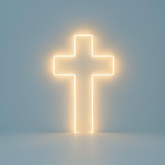 Obraz premium Vibrant Neon Light Cross Symbol Glowing with Spiritual Energy and Faith in a Modern, Minimalist Design Against a Serene Background