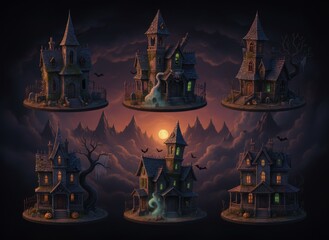 Dark Halloween night scene with moon over an old European church and cathedral tower