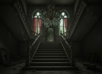 Old abandoned church interior with light from a long tunnel entrance casting shadows on the worn carpet floor
