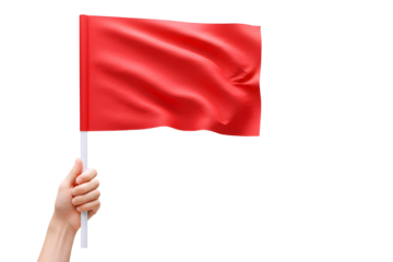Hand holding red flag on white background isolated on transparent background