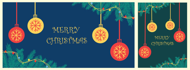 Christmas banner, card and poster set featuring bright hanging ornament, glowing string light and lush pine branch. A vibrant modern holiday illustration perfect for seasonal greeting, winter design.