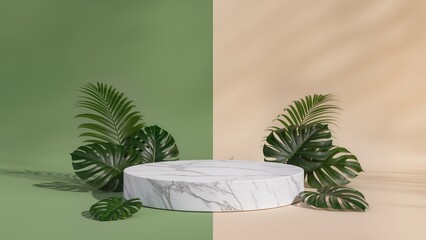 3D modeled marble display stand, tropical leaf patterns, soft green-beige background blend, product mockup template, strategic empty space for branding,