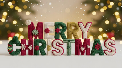 Vibrant Merry Christmas text with glowing festive lights and soft golden bokeh, perfect for holiday greeting cards, banners, posters, and cheerful seasonal designs