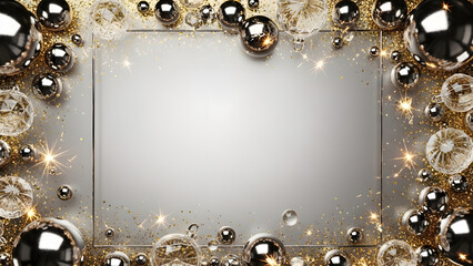 Luxurious golden ornament frame with shimmering highlights and reflective baubles, ideal for premium holiday cards, invitations, posters, and festive seasonal layouts